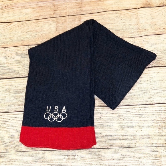 USA Olympics Logo Knit Scarf Blue with Red Trim and White Logo - Picture 1 of 6